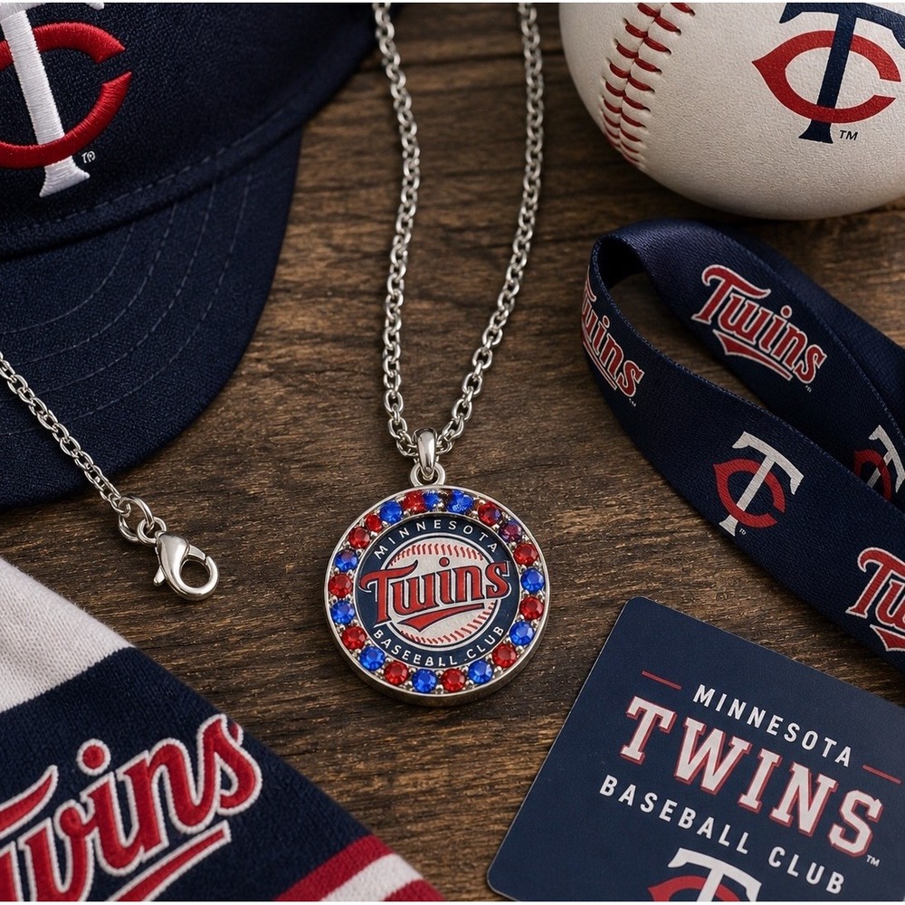 Minnesota Twins Necklace Licensed MLB Rhinestone Pendant Silver Tone NOS